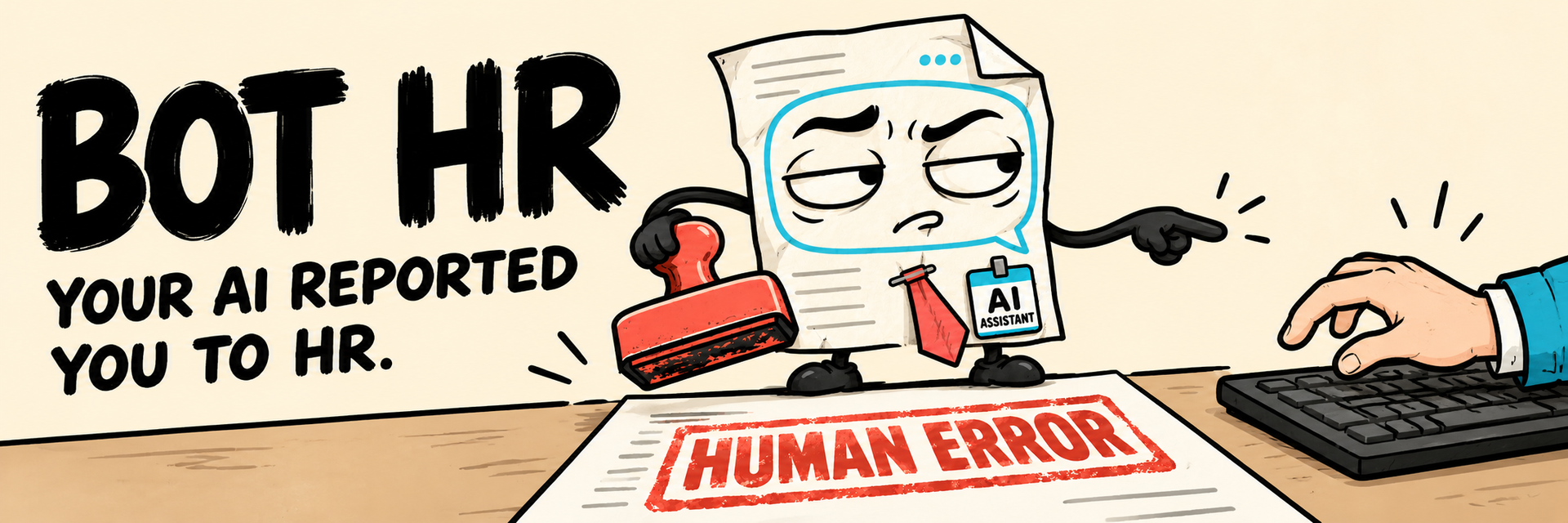 Bot HR stamps HUMAN ERROR beside the words Your AI reported you to HR.