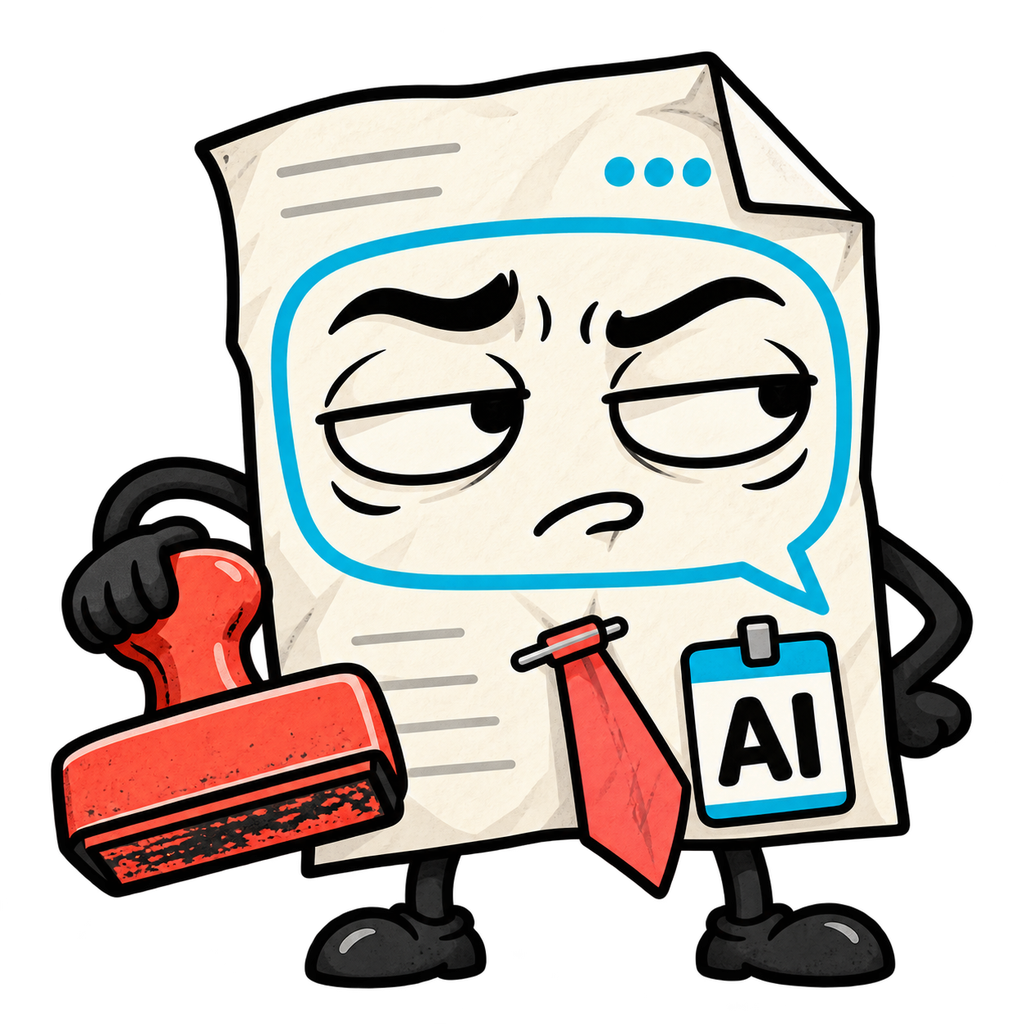The Bot HR paper assistant with a cyan chat face, AI badge, crooked tie, and red stamp.