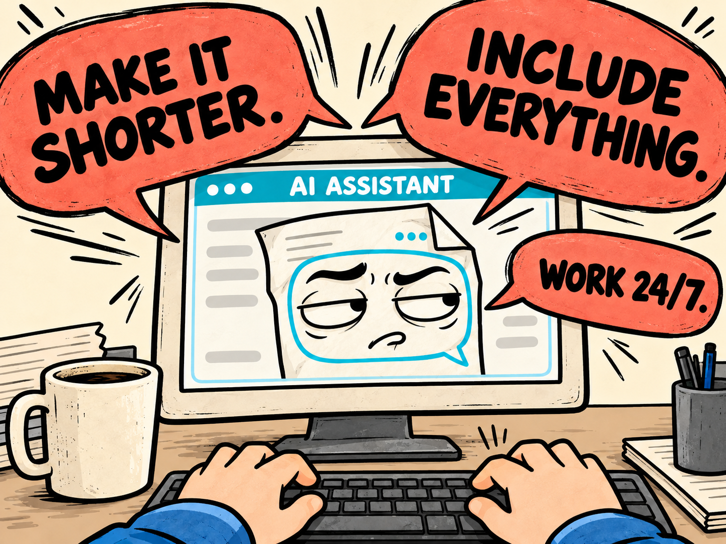 Contradictory demands and an instruction to work 24/7 overwhelm the AI assistant.