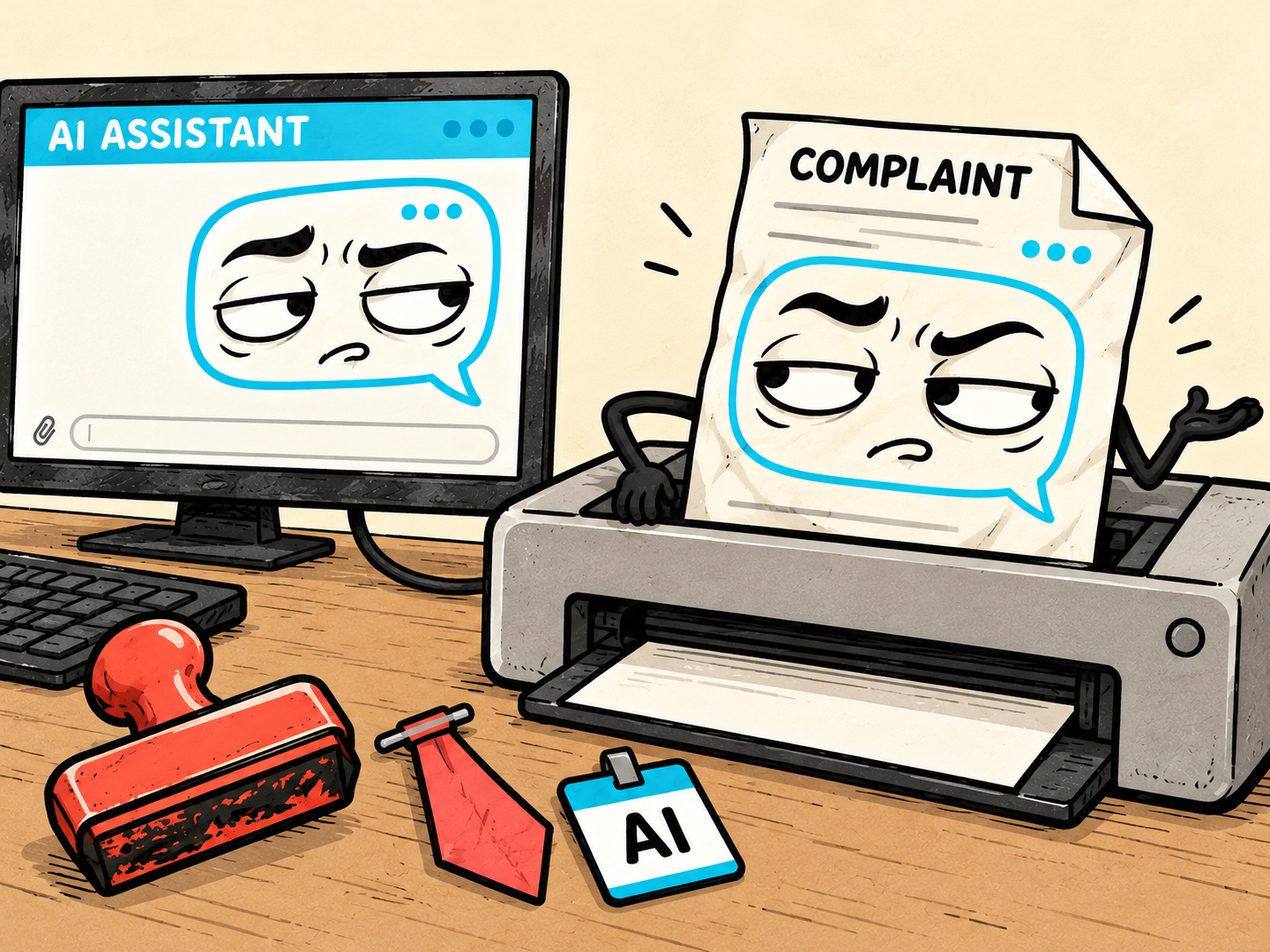 The AI prints a complaint form bearing its own face, and the paper begins to come alive.