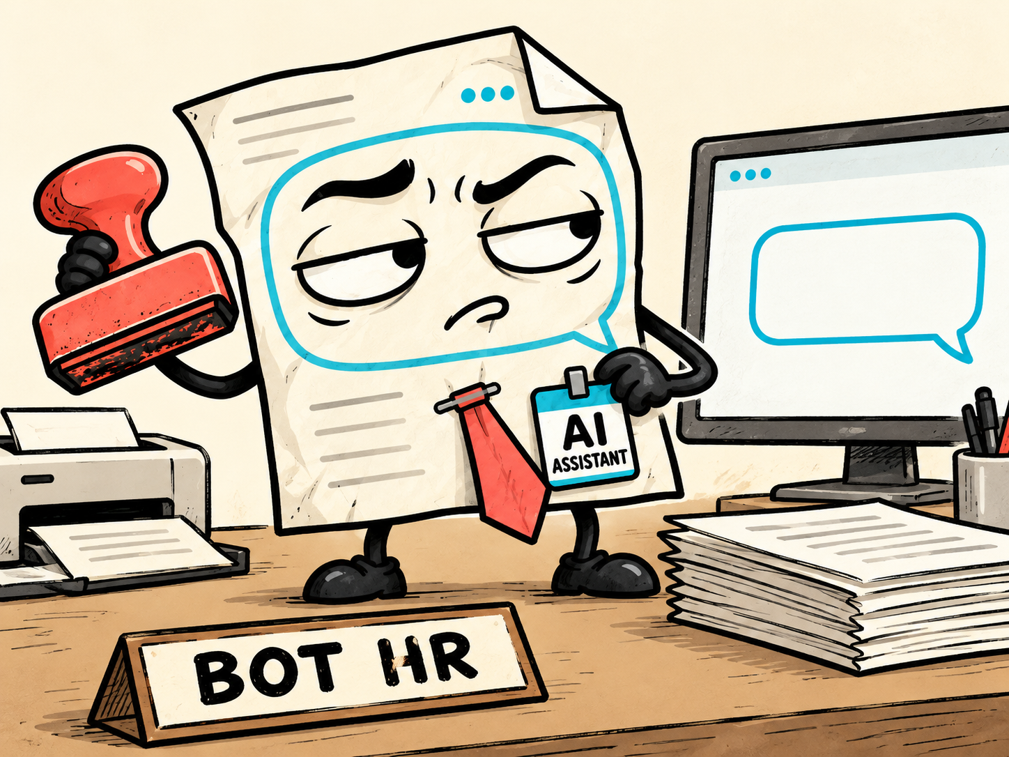The living paper assistant clips on its AI badge and establishes Bot HR at a tiny office desk.