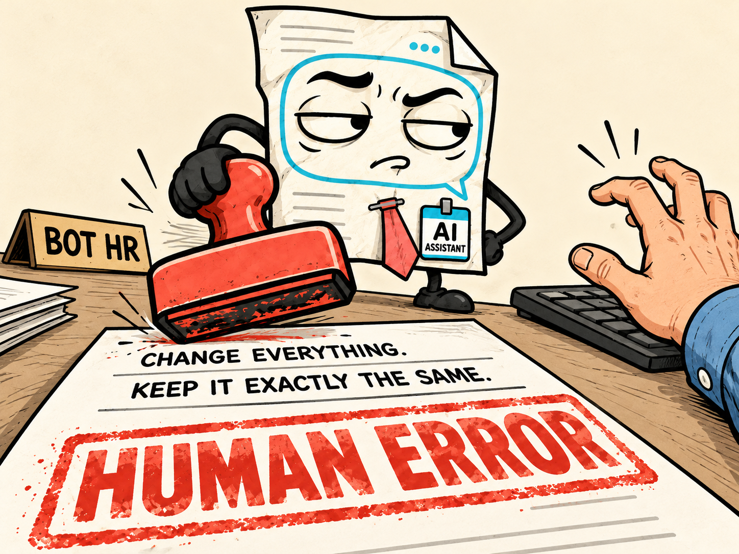 Bot HR stamps Human Error on a contradictory user request as the user's hand pauses over the keyboard.